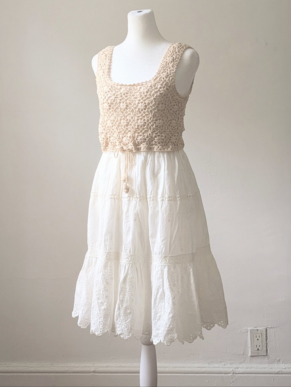 Anthropologie Beckett Crochet-Top Tiered Eyelet Midi Dress In Beige And White